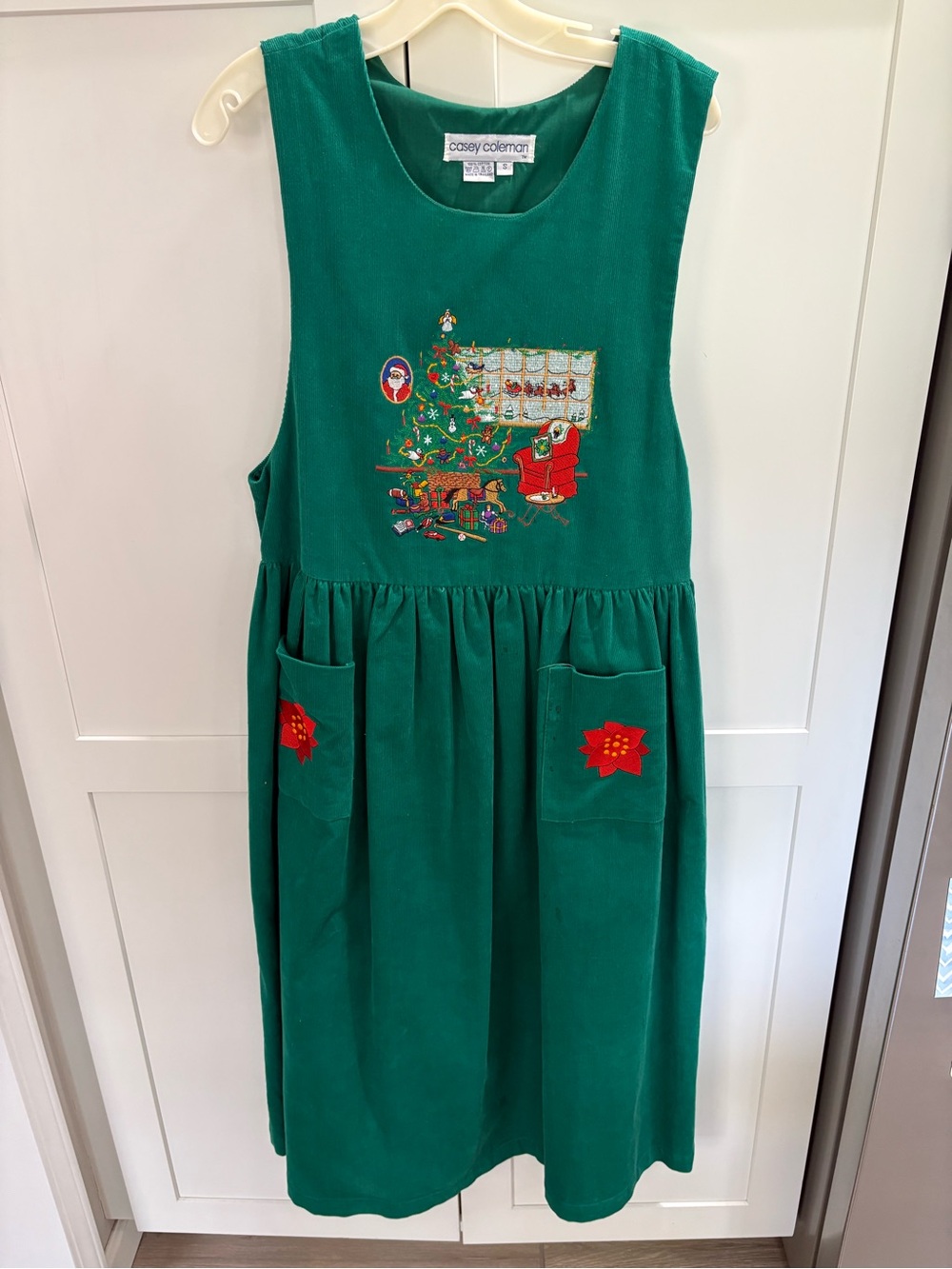 Casey Coleman Green Holiday Pinafore Dress with Tree Embroidery
